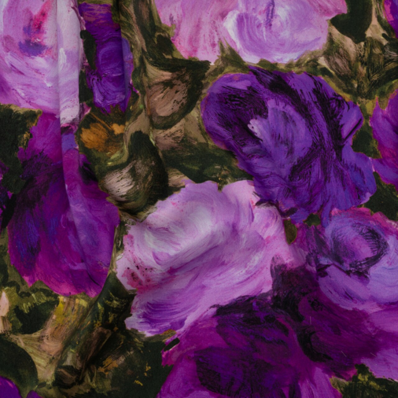 1 Yard Silk Charmeuse Fabric Printed with Forest Green and Royal Purple Roses 53 inch Width